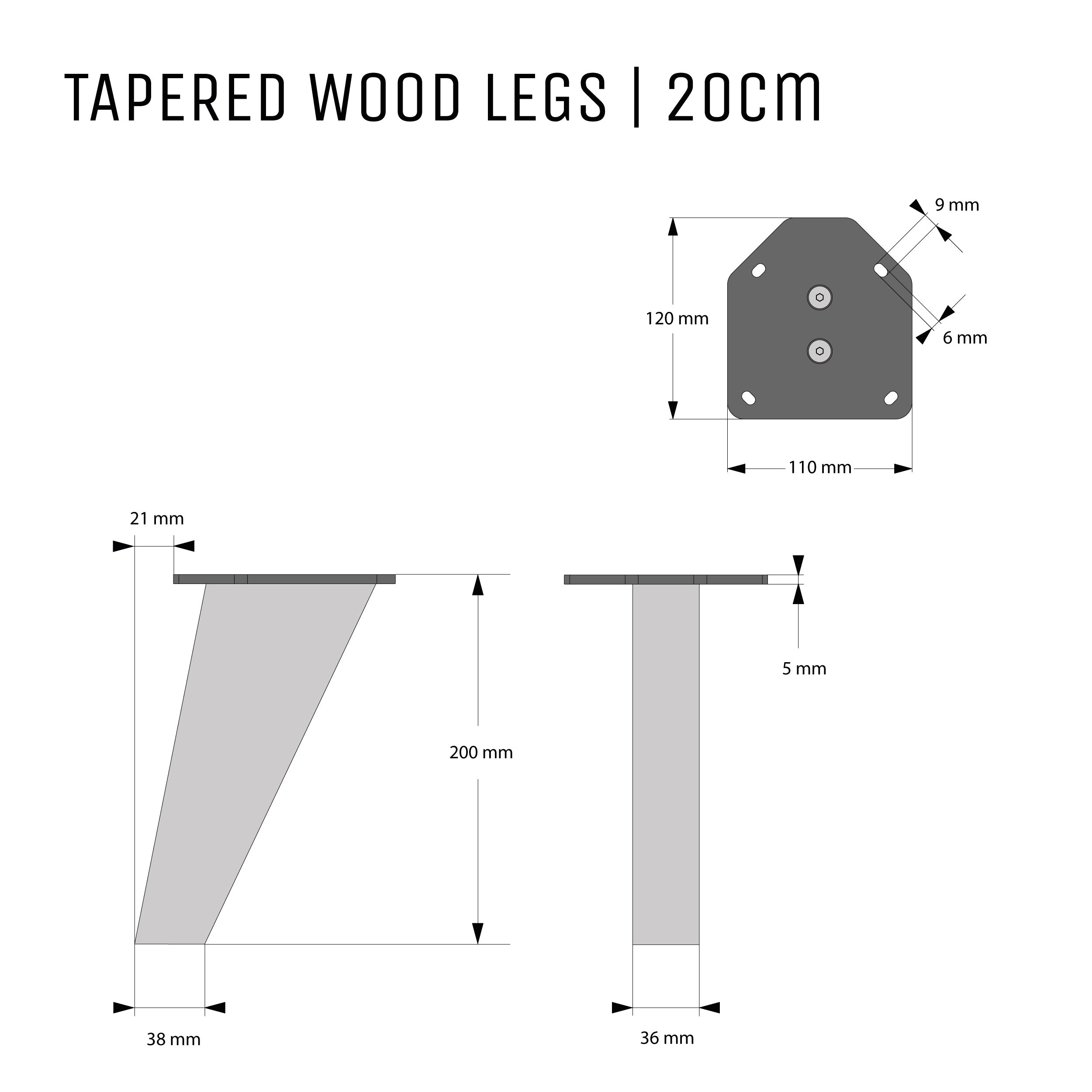 20cm Tapered Oak Table Legs